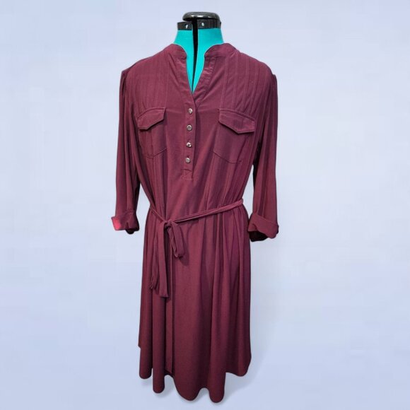 Avenue Burgundy Shirt Dress Size 14/16 | Button Front Midi Belted Plus Size - Picture 1 of 7